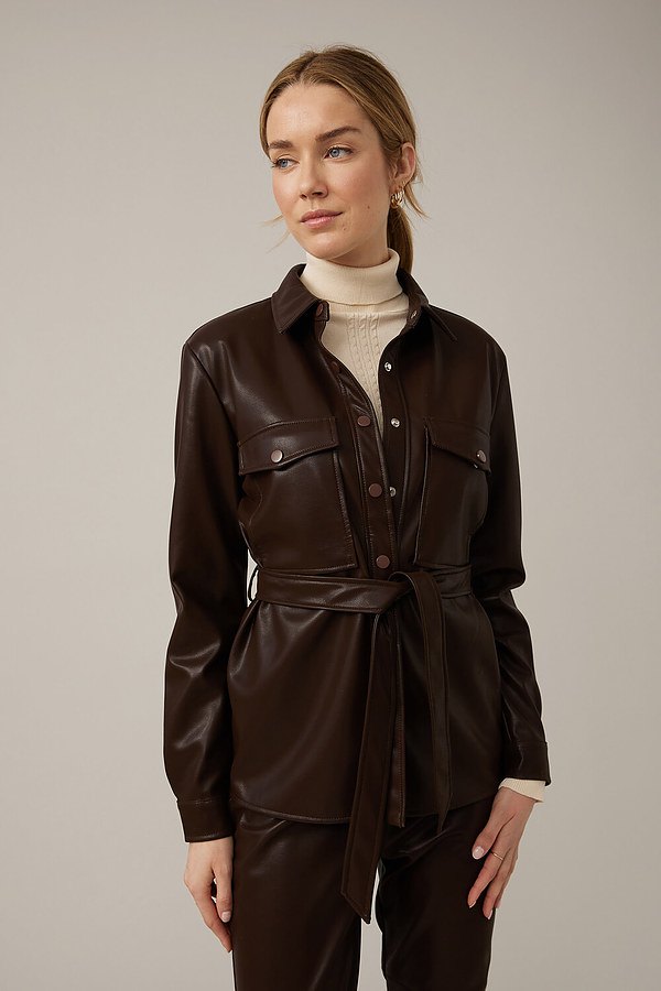 Emproved Vegan Leather Shirt Jacket Style A2263. Chocolate