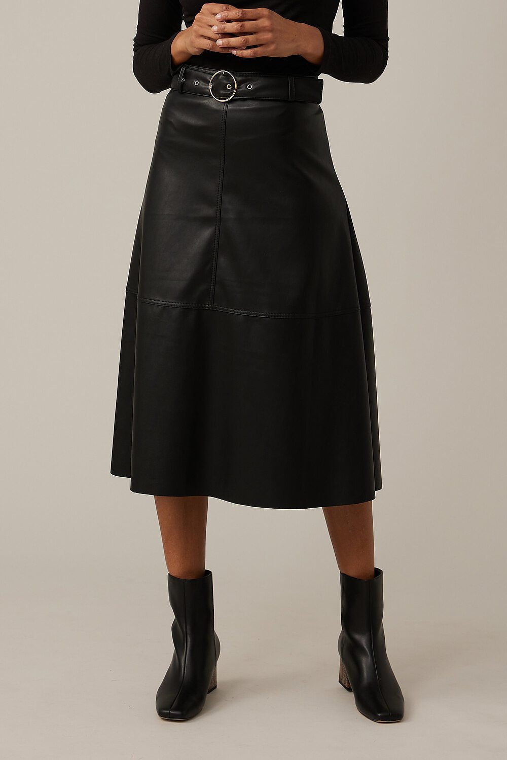 Emproved Vegan Leather Midi Skirt Style A2264. Black