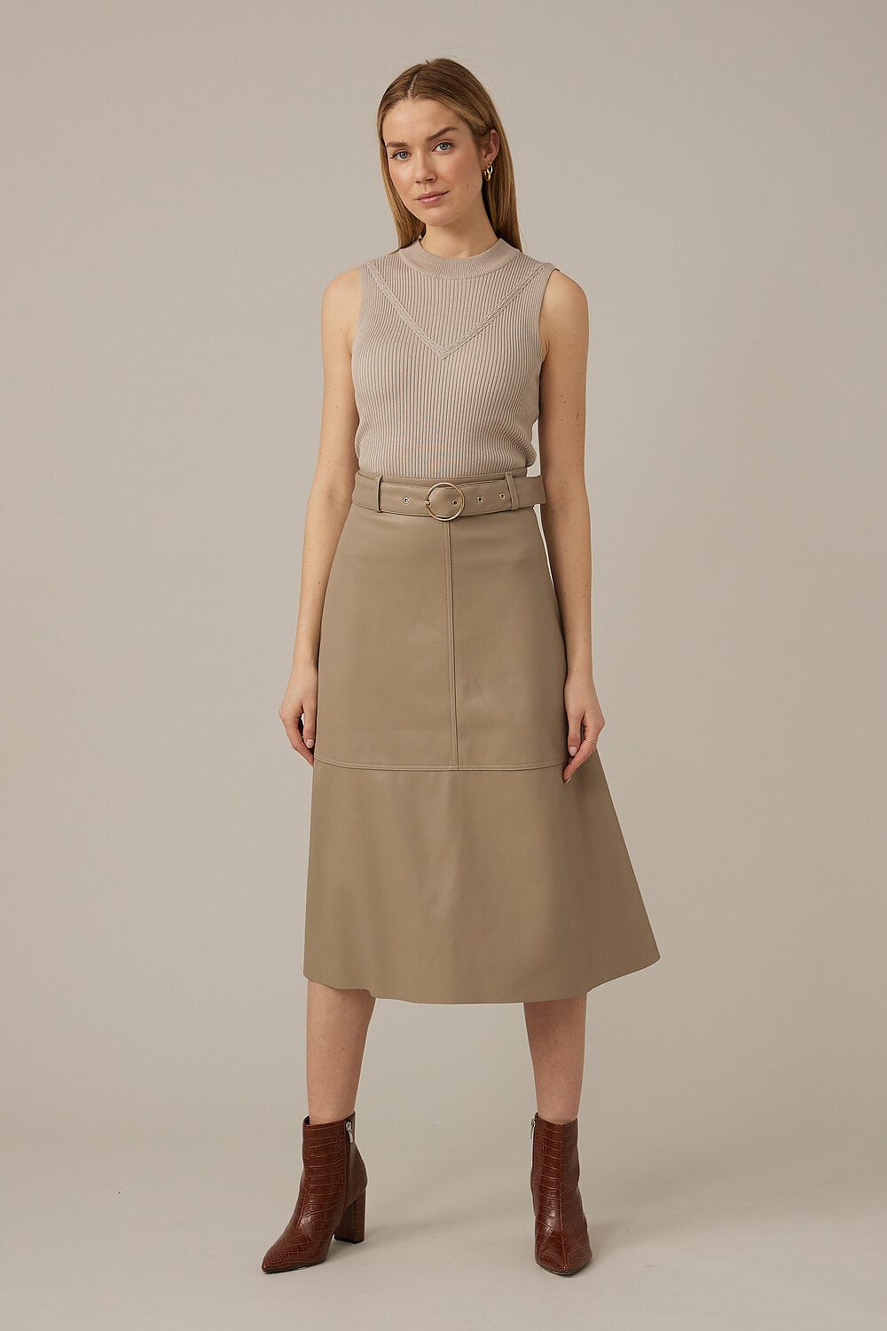 Emproved Vegan Leather Midi Skirt Style A2264. Taupe