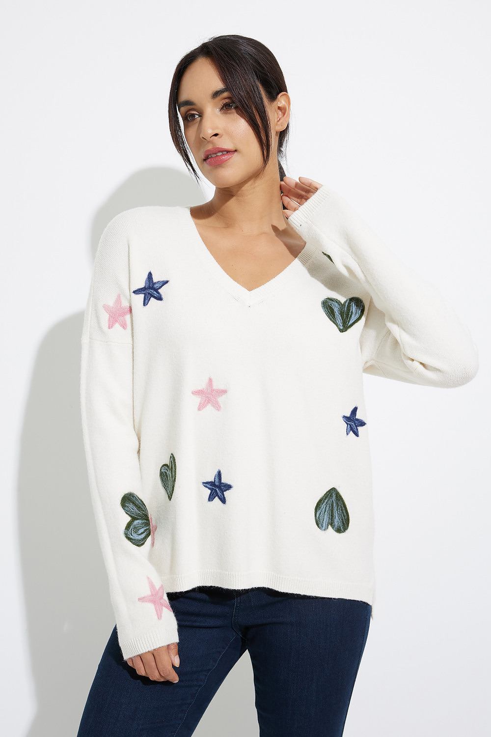 Hearts and Stars V-Neck Sweater Style C2333RR. Ecru