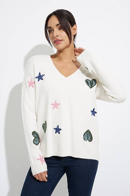 Charlie B Hearts and Stars V-Neck Sweater Style C2333RR. Ecru
