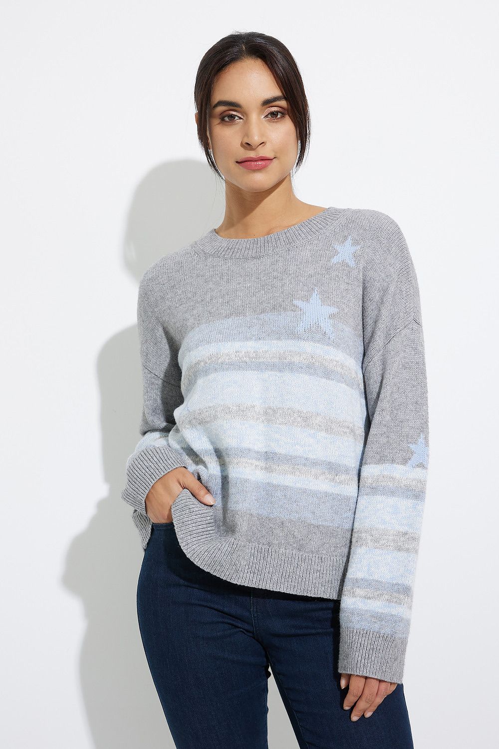 Charlie B Striped Drop-Shoulder Crew-Neck Sweater Style C2446 (frost)