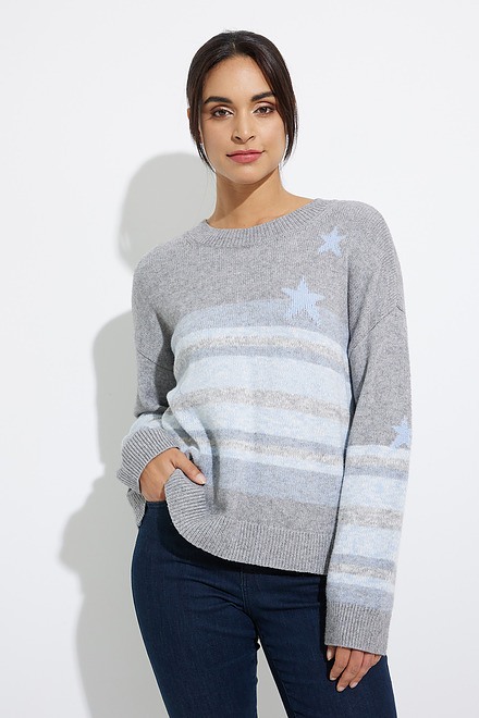 Charlie B Striped Drop-Shoulder Crew-Neck Sweater Style C2446. Frost