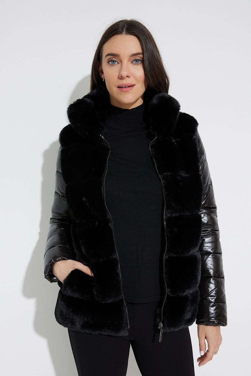 Joseph Ribkoff Faux Fur Puffer Coat Style 224909. Black