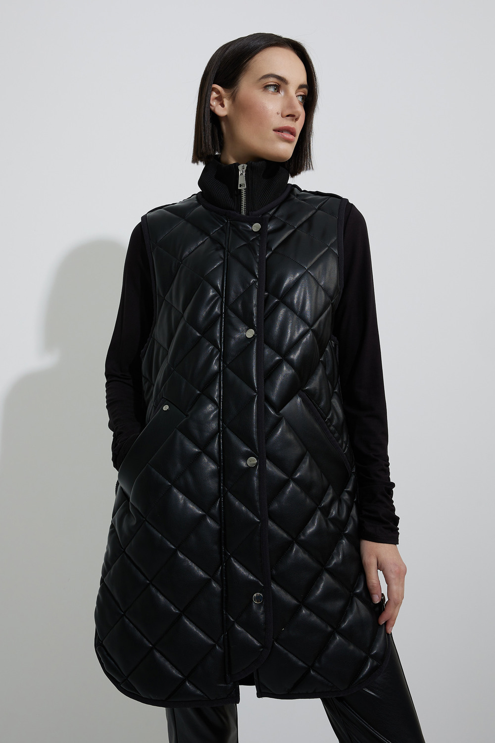 Quilted Faux Leather Sleeveless Coat Style 8425. Black
