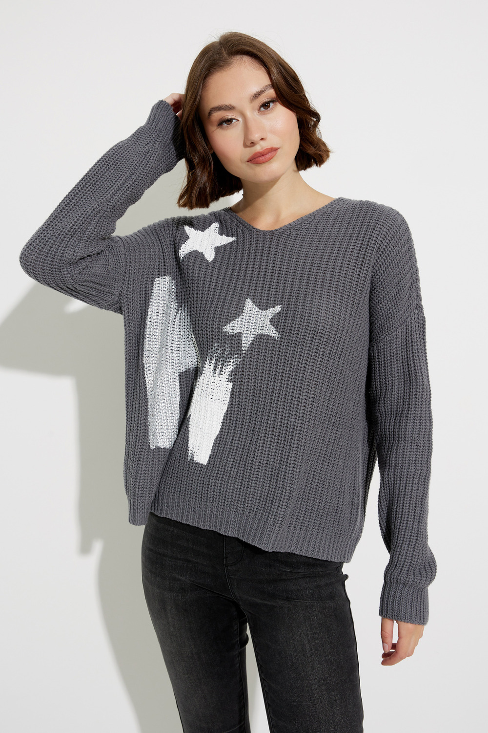 V-Neck Sweater with Stars Detail Print Style C2460. Charcoal