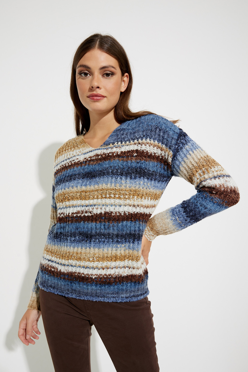 Striped V-Neck Sweater Style C2479. Denim
