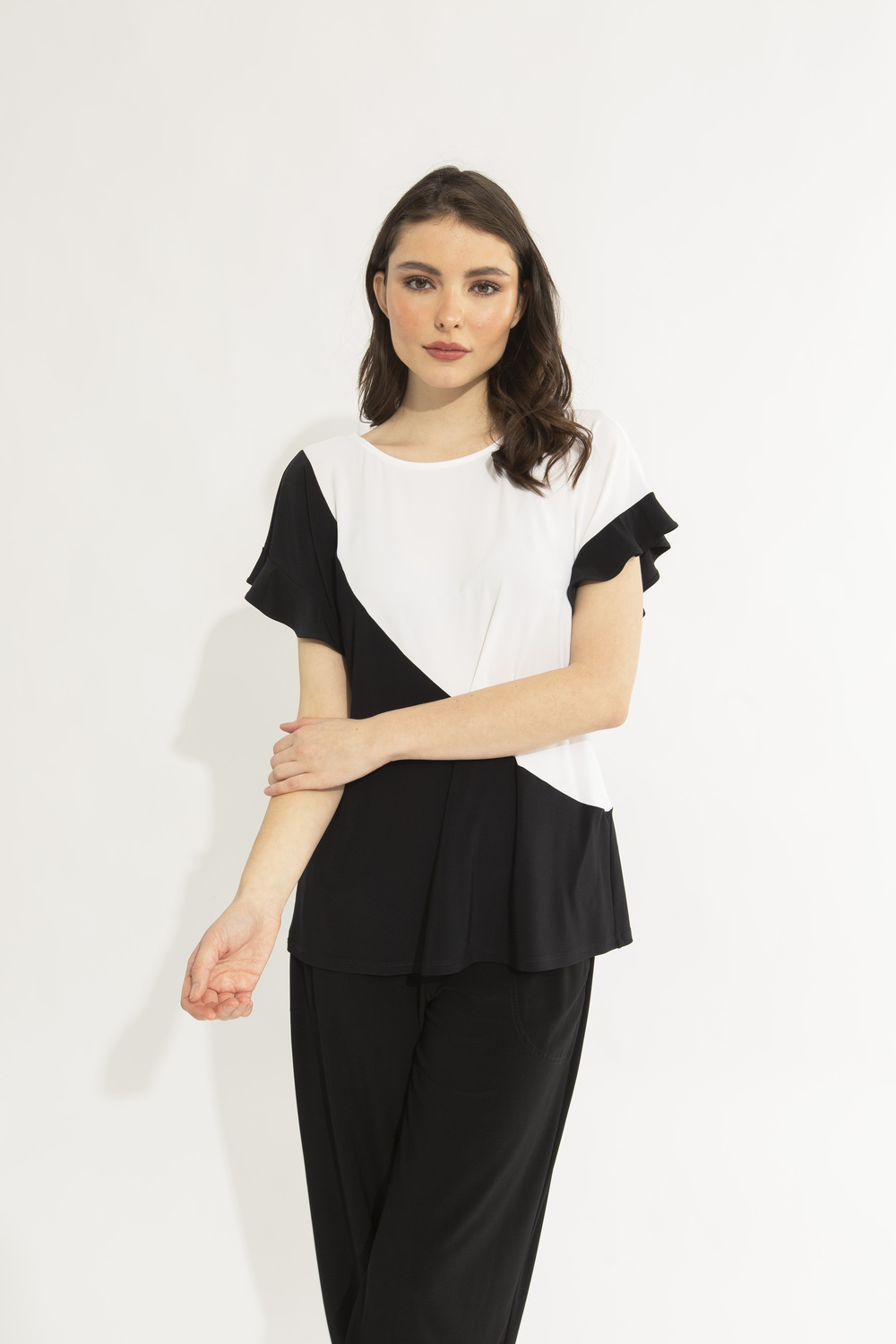 Two-Tone Frilled Sleeve Top Style 231063. Black/vanilla
