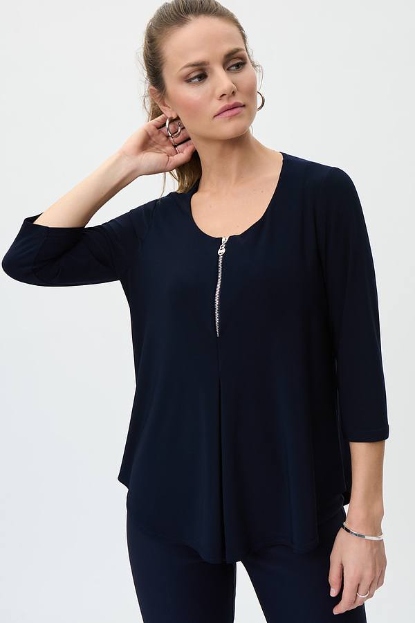 Zip Front 3/4 Sleeve Top Style 231131. Midnight Blue