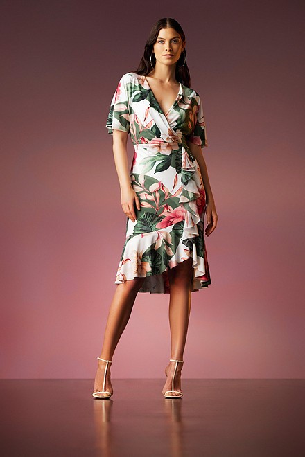 Tropical Print Wrap Dress Style 231722. Vanilla/multi
