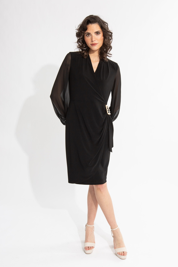 Brooch Detail Wrap Dress Style 231733. Black