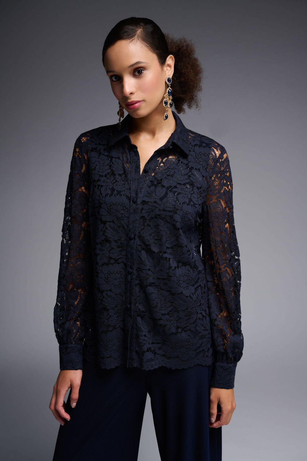 Lace Detail Blouse Style 231764. Midnight Blue