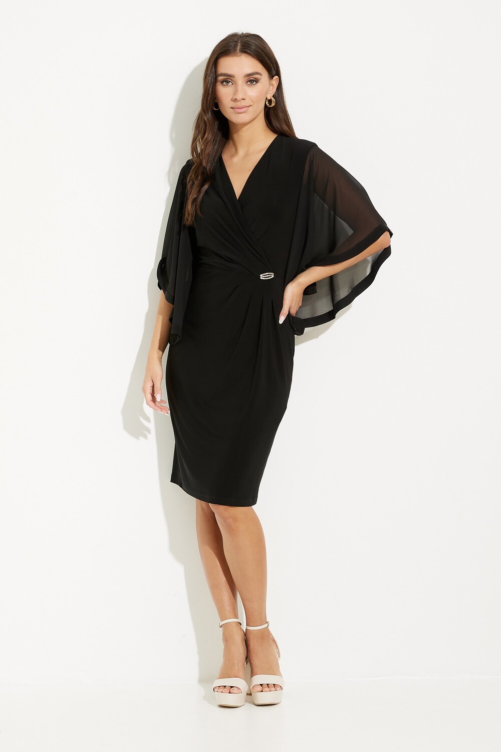Wrap Front Flutter Sleeve Dress Style 231771. Black