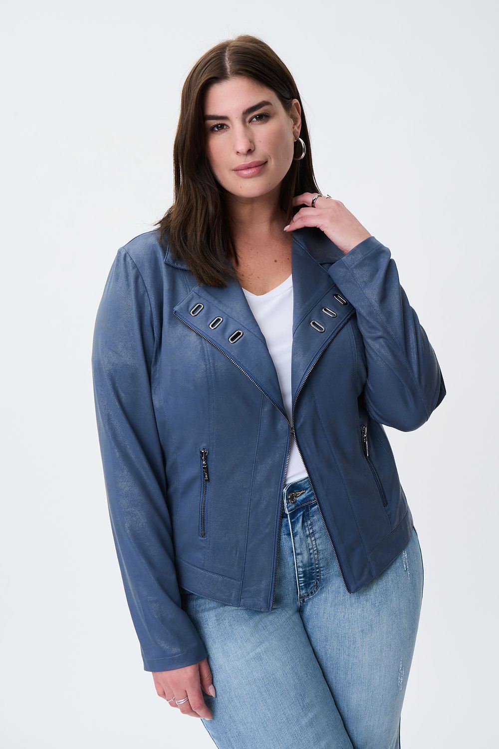 Fitted Moto Jacket Style 231934. Mineral Blue