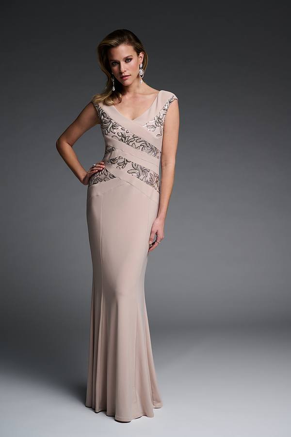 Joseph Ribkoff Sequin Appliqué Dress Style 223754. Sand