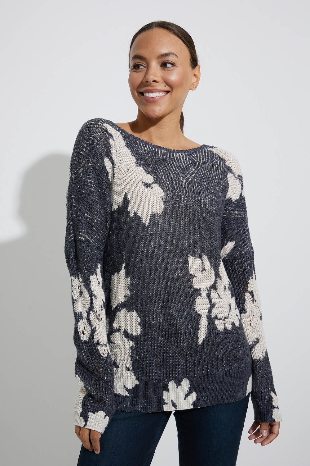 Scattered Florals Sweater Style F221141. Black/multi