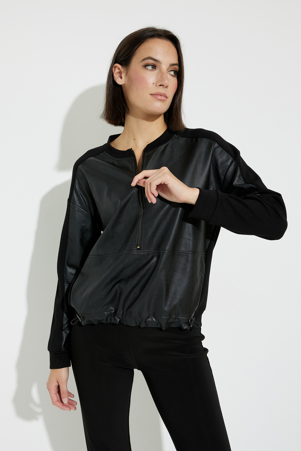 Faux Leather Sweater Style A40382. Black
