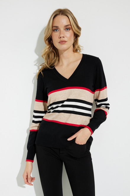 Striped V-Neck Sweater style A40385. Black/multi
