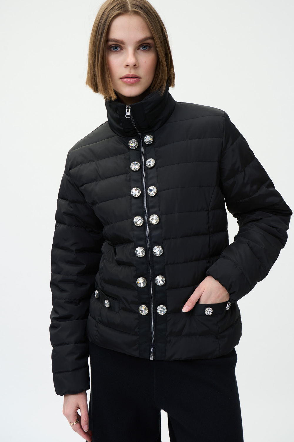 Joseph Ribkoff Button Front Puffer Jacket Style 224908. Black