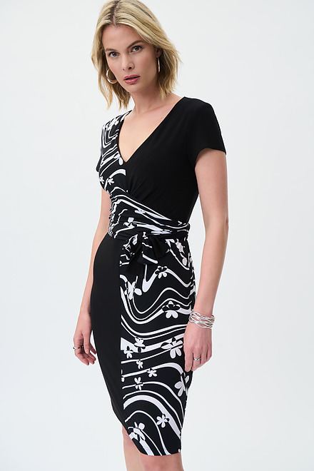 Printed Wrap Front Dress Style 231044. Black/Vanilla