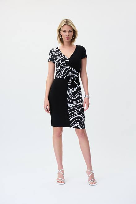 Printed Wrap Front Dress Style 231044. Black/vanilla. 2
