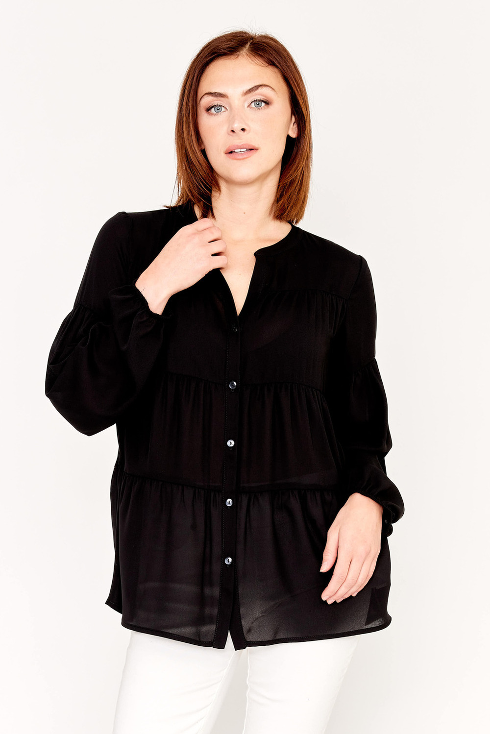 Long-Sleeve Button Up Blouse Style 231237. Black