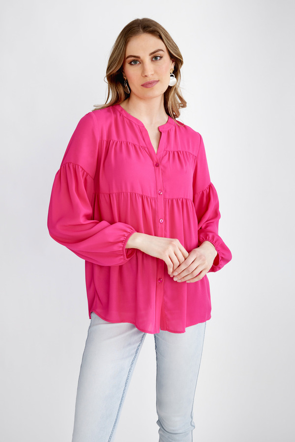 Long-Sleeve Button Up Blouse Style 231237. Dazzle Pink