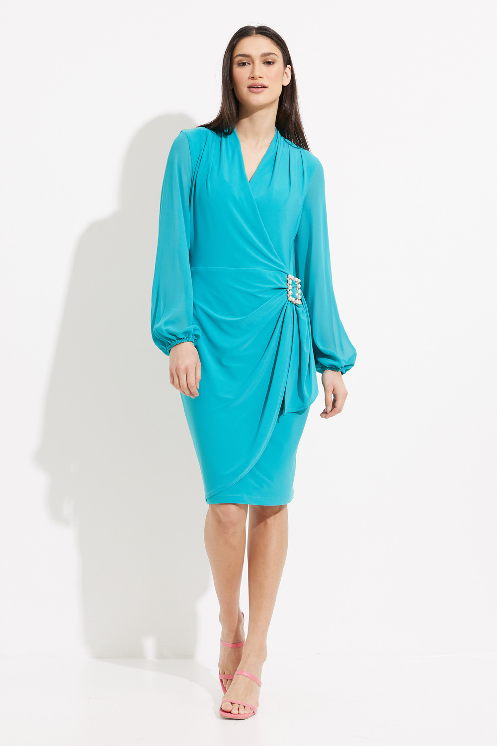 Brooch Detail Wrap Dress Style 231733. Ocean Blue