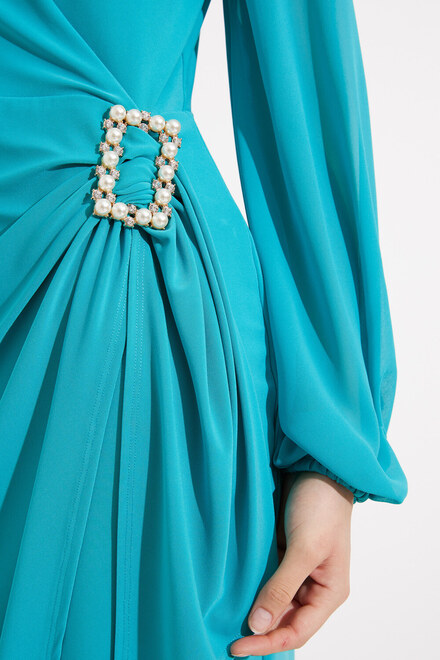 Brooch Detail Wrap Dress Style 231733. Ocean Blue. 4