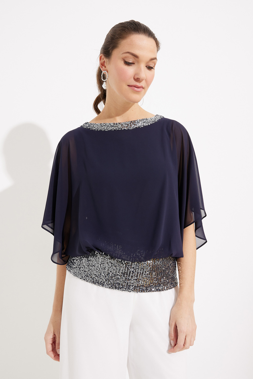Mixed Media Short Sleeve Top Style 231738. Midnight Blue/silver