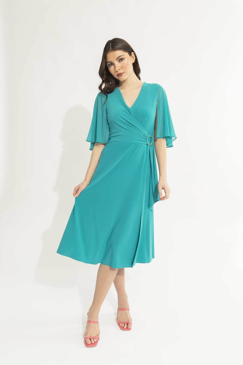 Dual Fabric Ruffled Dress Style 231757. Ocean Blue