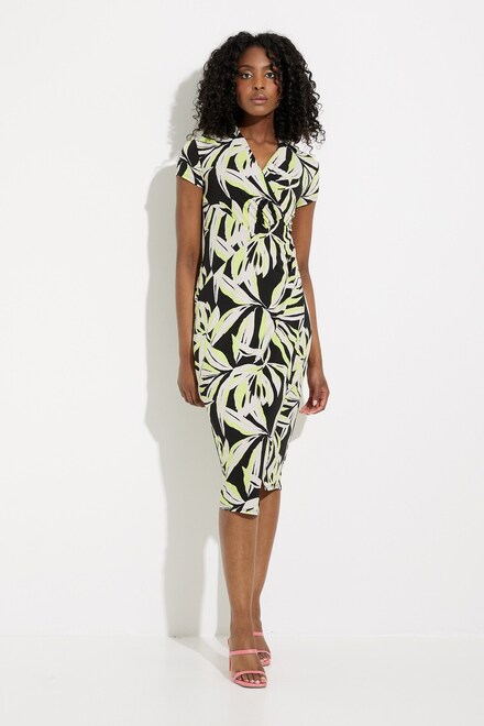 Leaf Print Wrap Dress Style 232040. Black/Multi
