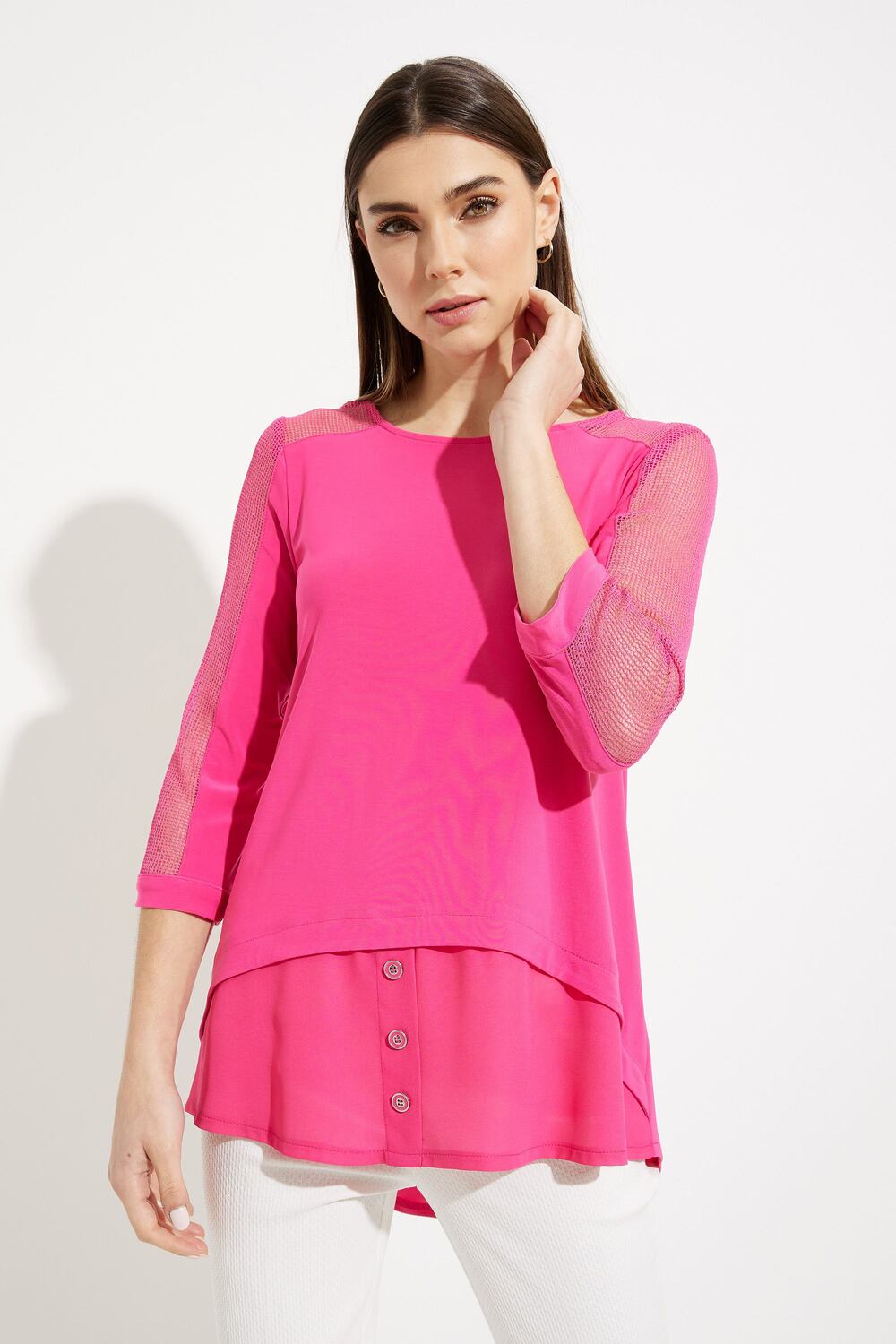 Button Detail High-Low Hem Top Style 231057. Dazzle Pink
