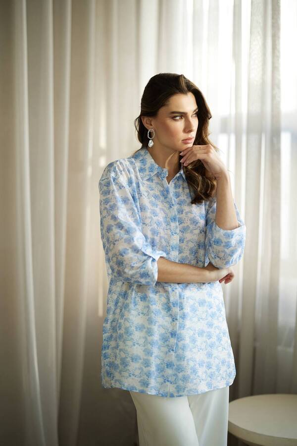 Floral Printed Button-Down Shirt Style SP2393. Soft Blue 