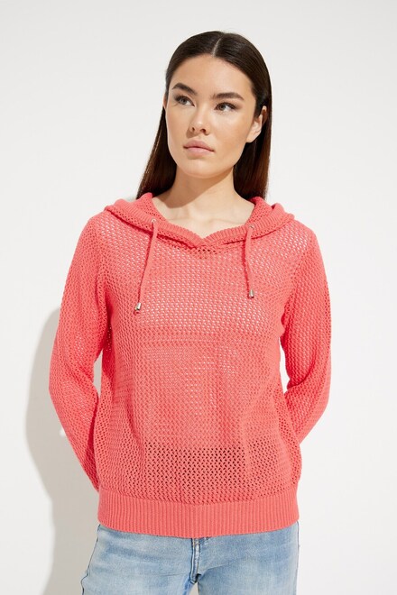 Knit Hooded Sweater Style A41028. Coral. 3