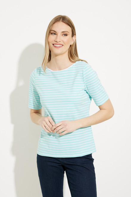 Striped Boat Neck T-Shirt Style A41058. Aqua