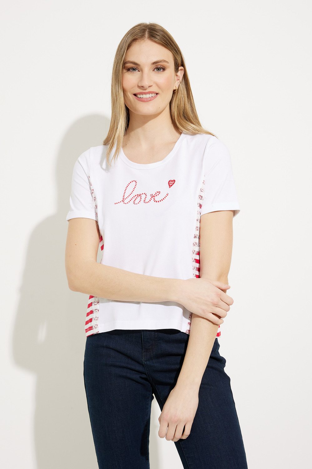 T-shirt « Love » à rayures modèle A41126. Red Combo