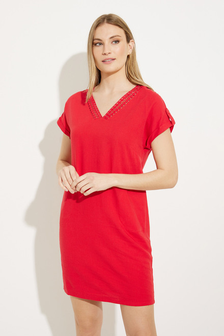 Lace Detail Linen Dress Style A41165. Red. 4