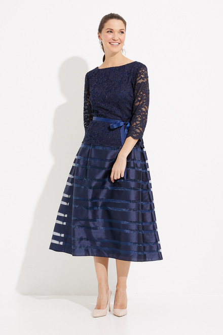 Lace Bodice Tea-Length Dress Style 1121004. Navy