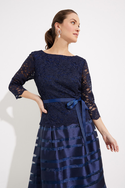 Lace Bodice Tea-Length Dress Style 1121004. Navy. 3