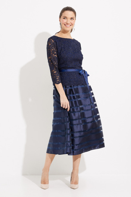 Lace Bodice Tea-Length Dress Style 1121004. Navy. 5