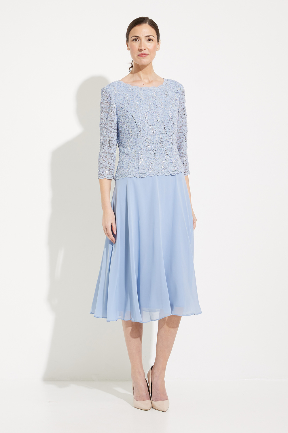 Sequin Lace & Chiffon Dress Style 1121796. Sky Blue