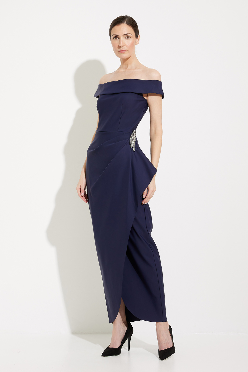 Off-the-Shoulder Embellished Gown Style 134164. Navy