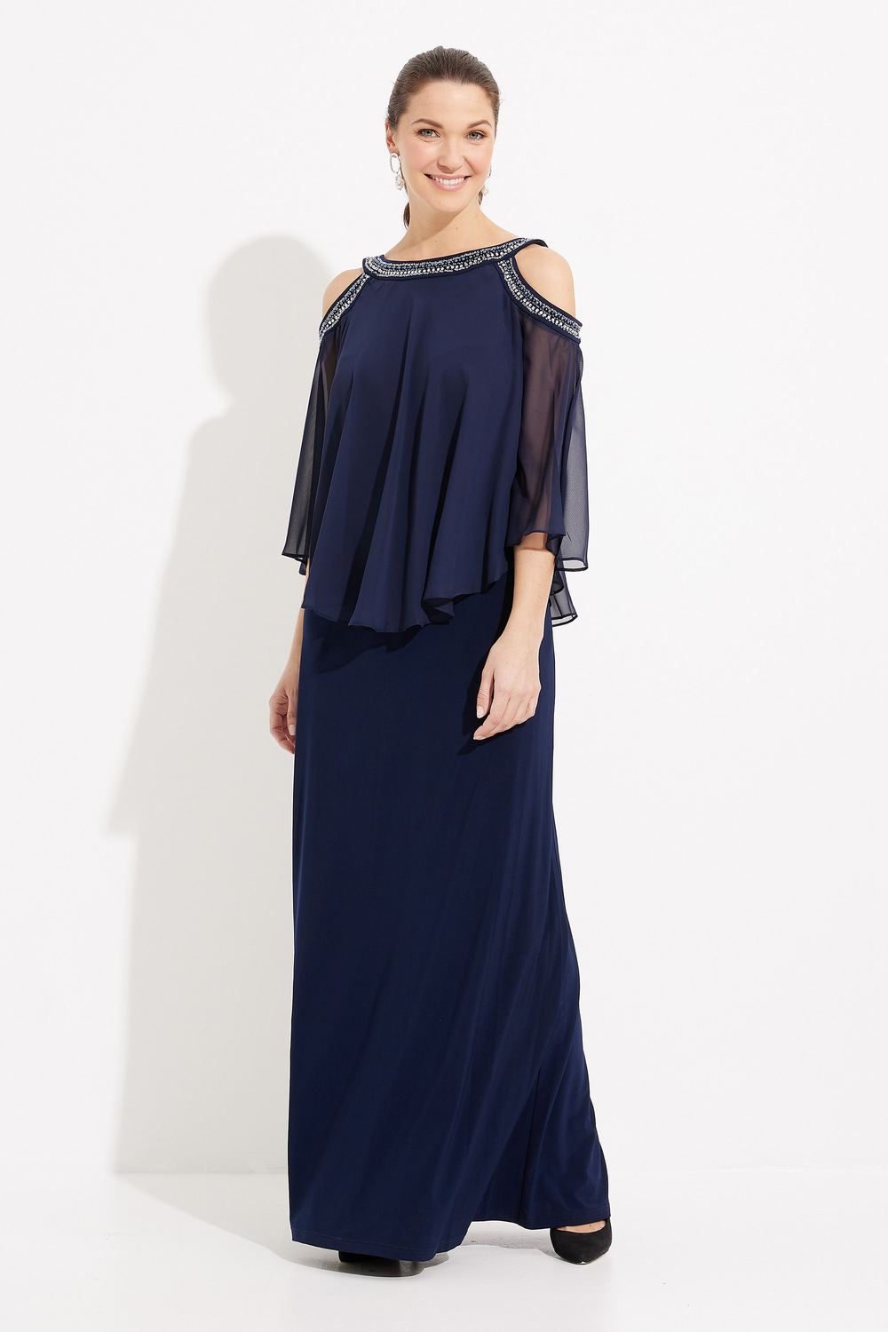 Cold Shoulder Chiffon Popover Gown Style 1351319. Navy