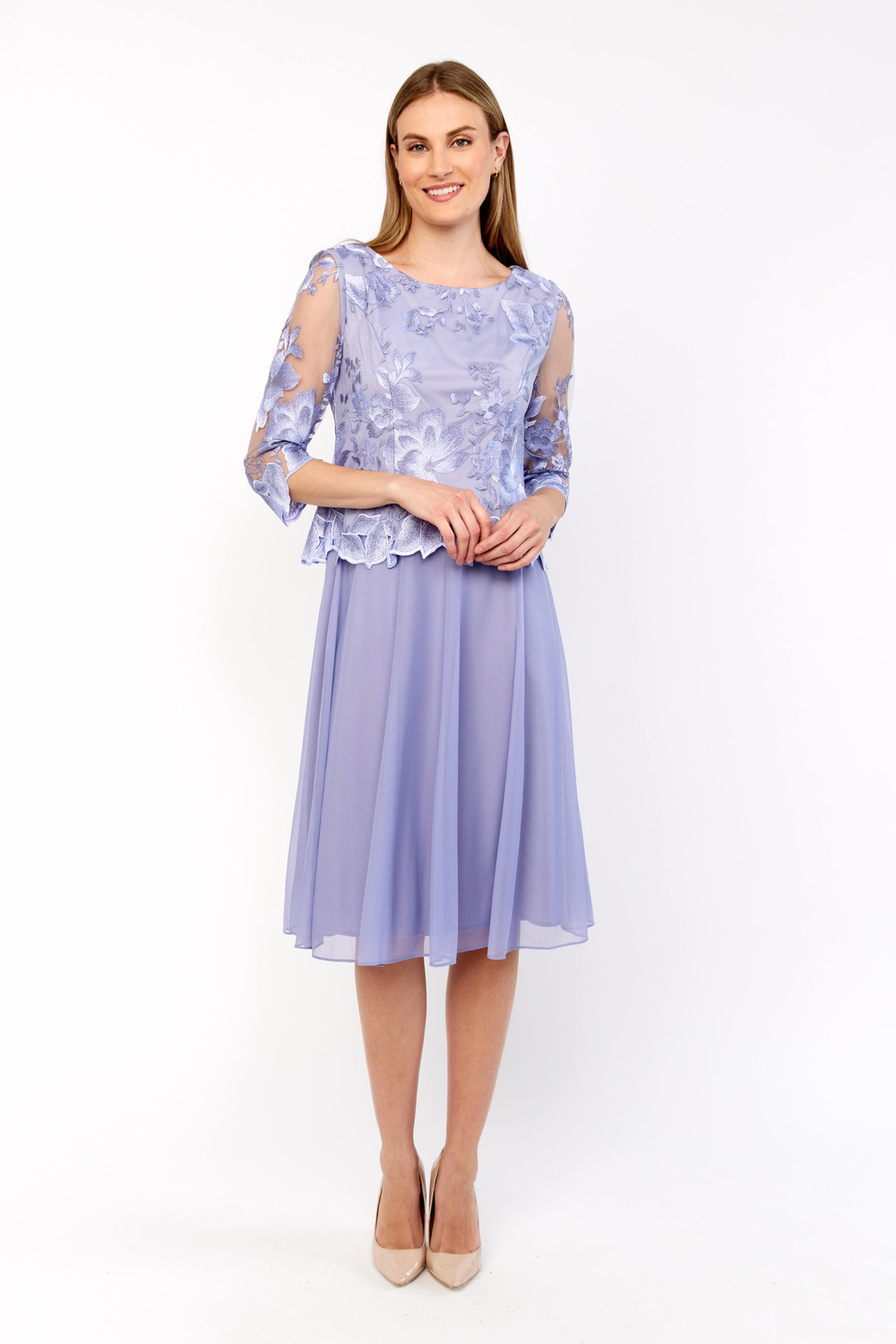 Embroidered Illusion Sleeve Dress Style 81122420. Lavender 