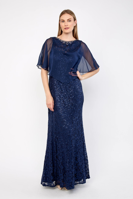 Fit & Flare Gown with Chiffon Capelet Style 81122444. Navy