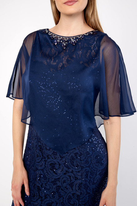 Fit &amp; Flare Gown with Chiffon Capelet Style 81122444. Navy. 3