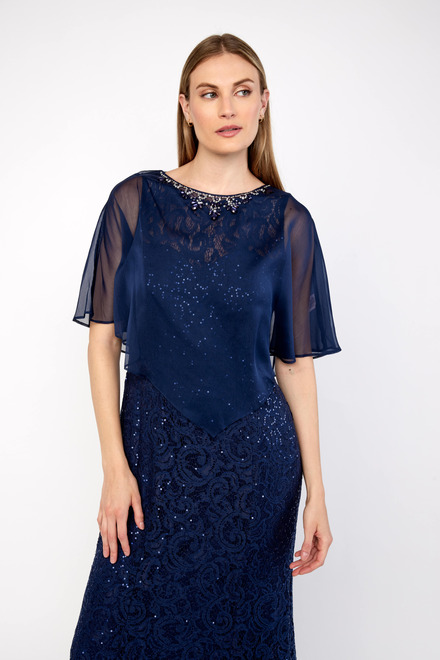 Fit &amp; Flare Gown with Chiffon Capelet Style 81122444. Navy. 4