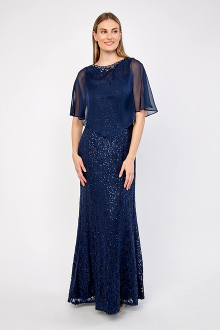 Fit &amp; Flare Gown with Chiffon Capelet Style 81122444. Navy. 5