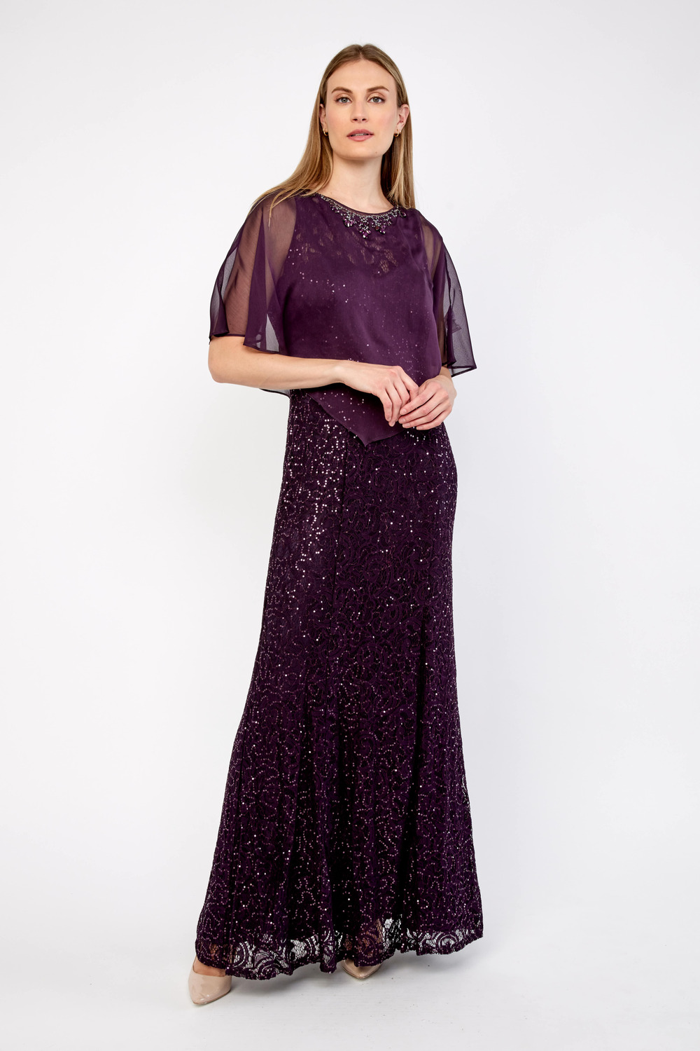 Fit & Flare Gown with Chiffon Capelet Style 81122444. New Plum